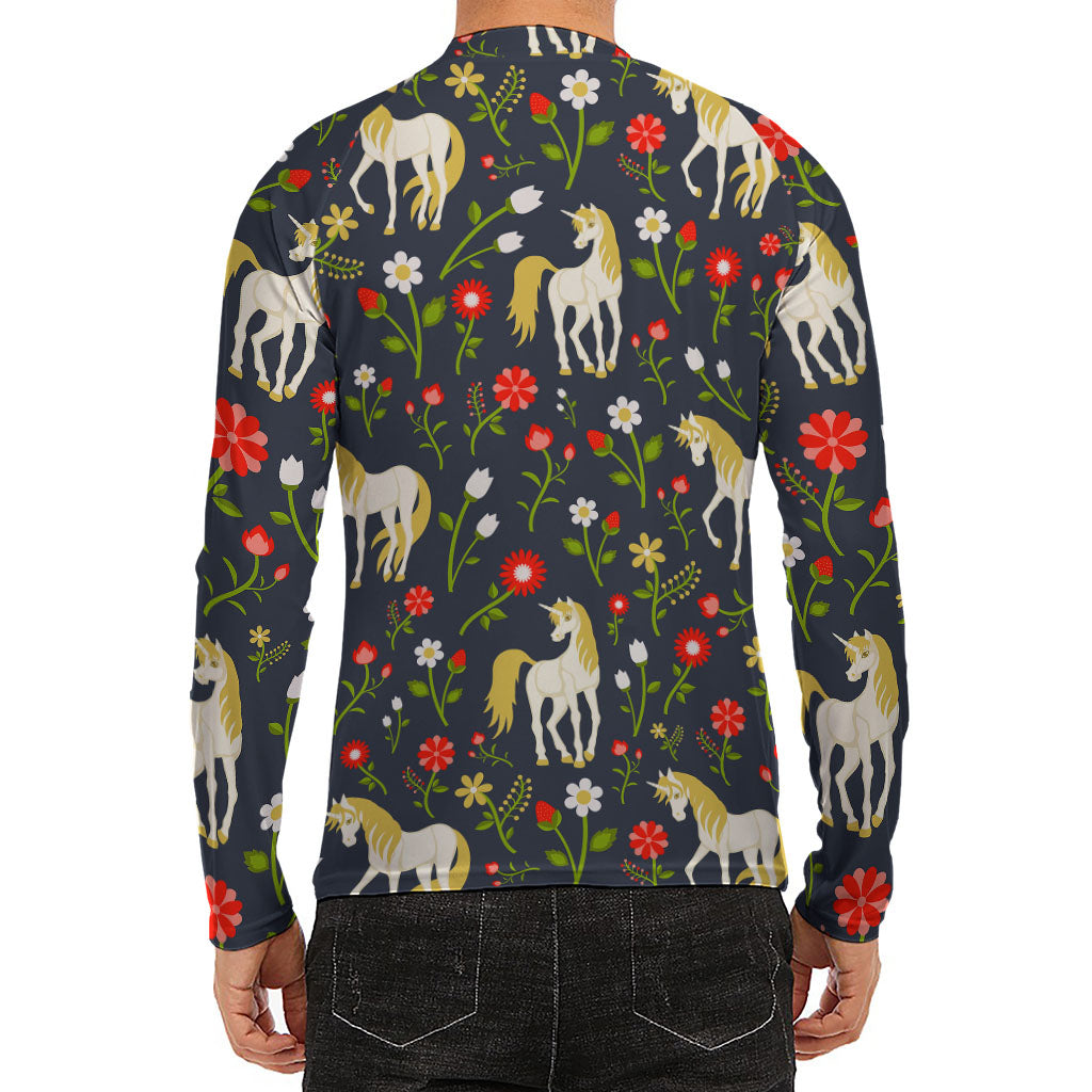 Magic Floral Unicorn Pattern Print Men's Long Sleeve Rash Guard