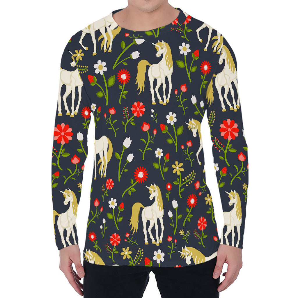 Magic Floral Unicorn Pattern Print Men's Long Sleeve T-Shirt