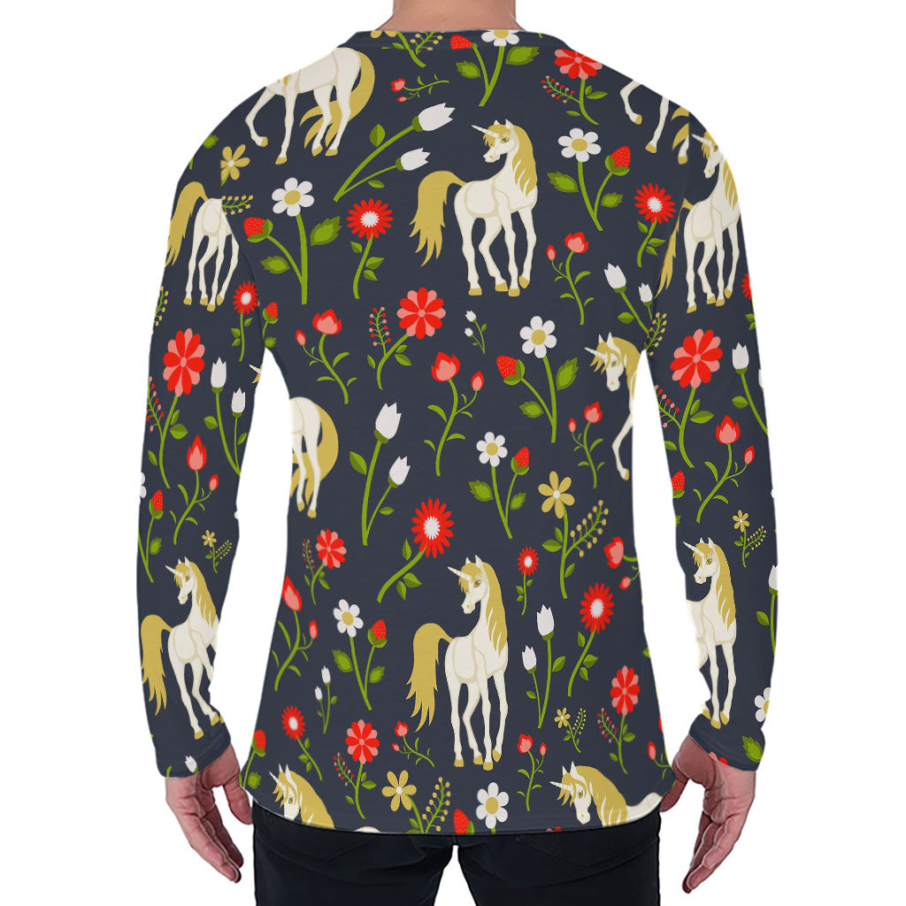 Magic Floral Unicorn Pattern Print Men's Long Sleeve T-Shirt
