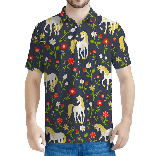 Magic Floral Unicorn Pattern Print Men's Polo Shirt