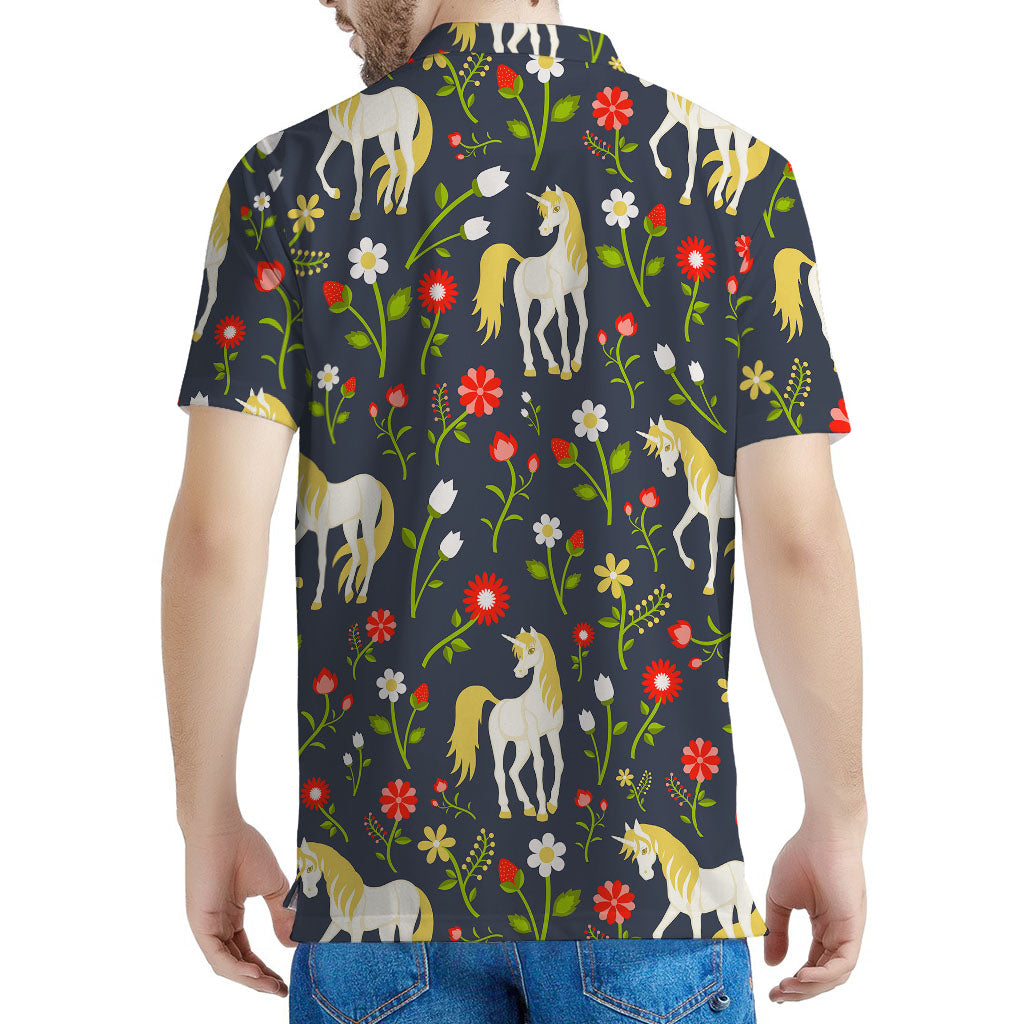 Magic Floral Unicorn Pattern Print Men's Polo Shirt