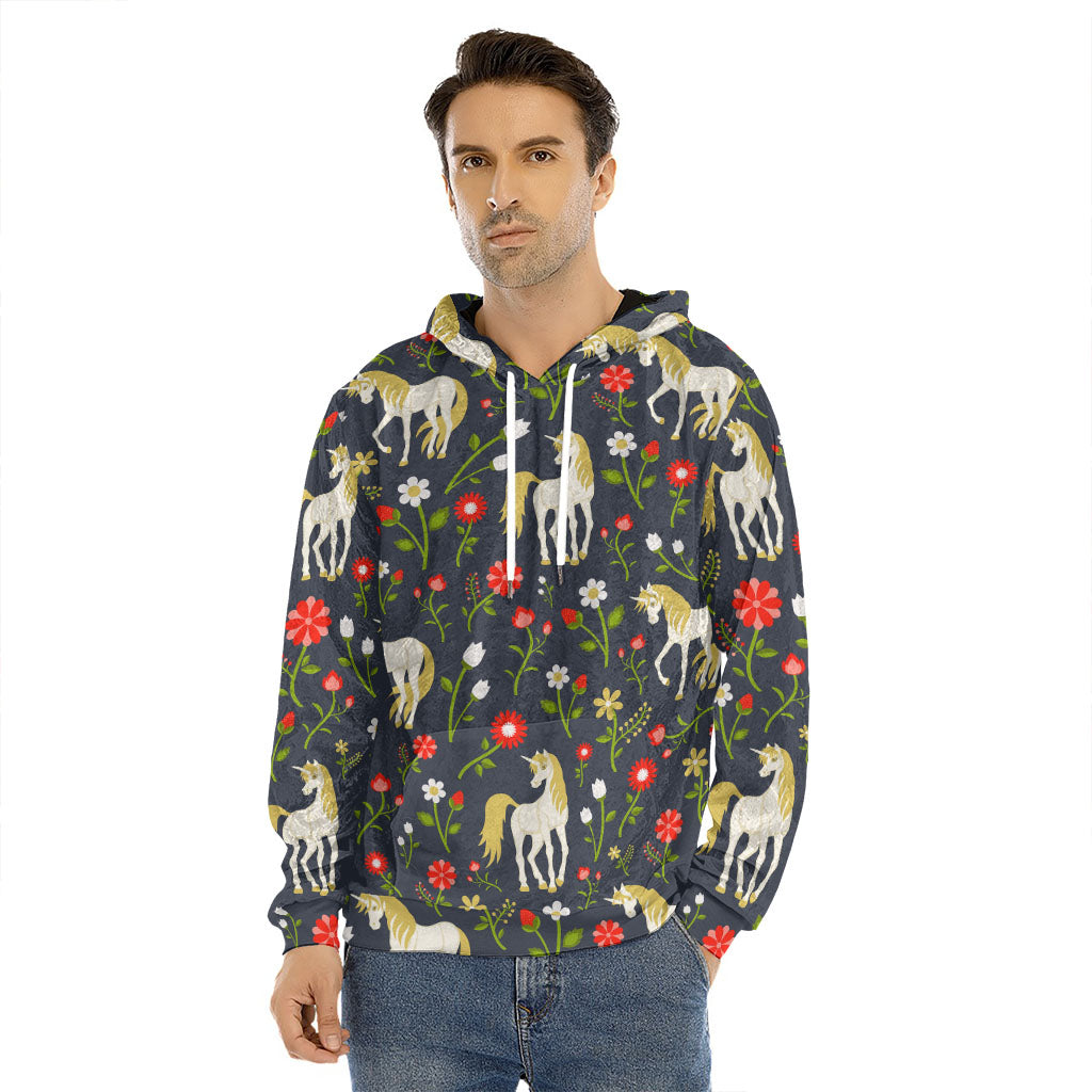 Magic Floral Unicorn Pattern Print Men's Velvet Pullover Hoodie