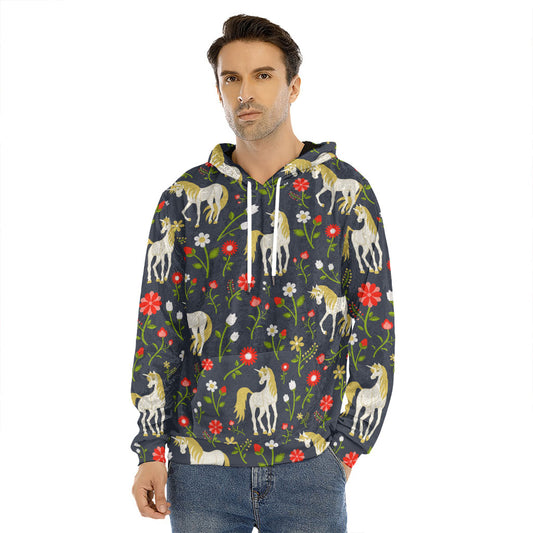 Magic Floral Unicorn Pattern Print Men's Velvet Pullover Hoodie