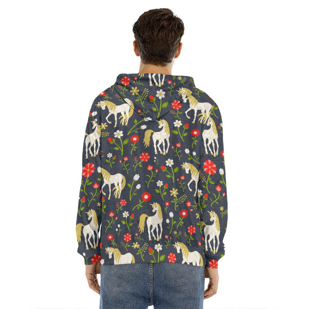 Magic Floral Unicorn Pattern Print Men's Velvet Pullover Hoodie