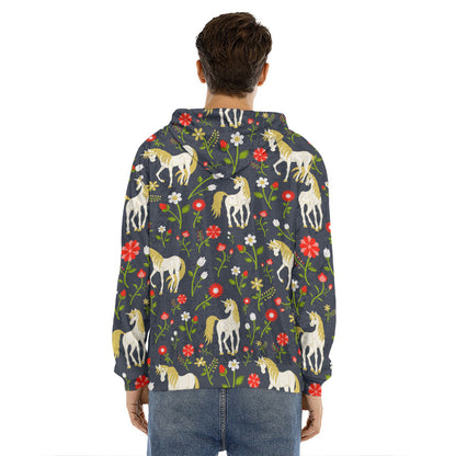 Magic Floral Unicorn Pattern Print Men's Velvet Pullover Hoodie