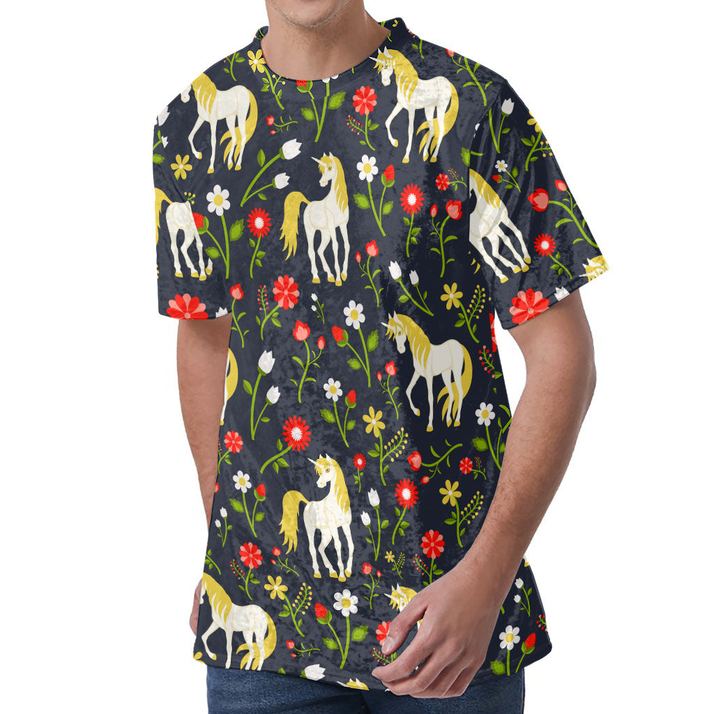 Magic Floral Unicorn Pattern Print Men's Velvet T-Shirt