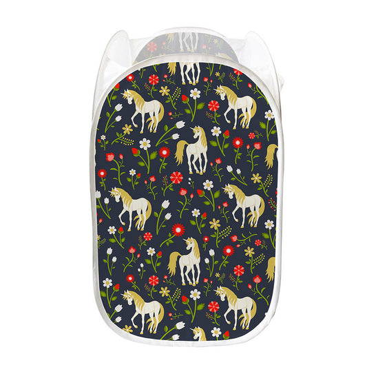 Magic Floral Unicorn Pattern Print Mesh Laundry Hamper