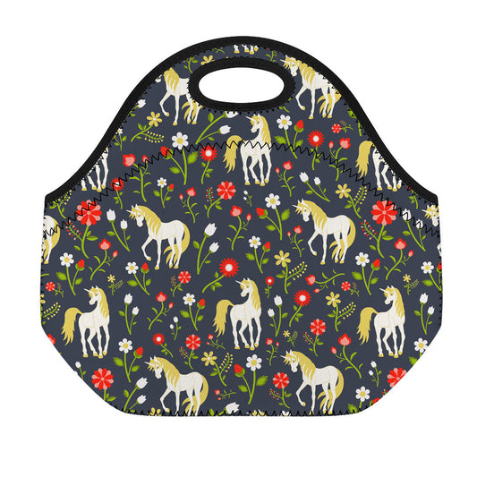 Magic Floral Unicorn Pattern Print Neoprene Lunch Bag