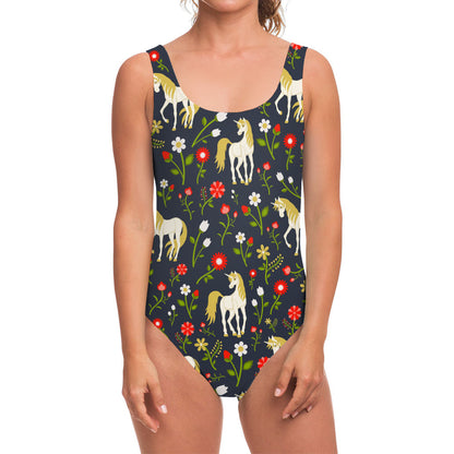 Magic Floral Unicorn Pattern Print One Piece Swimsuit