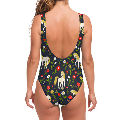 Magic Floral Unicorn Pattern Print One Piece Swimsuit