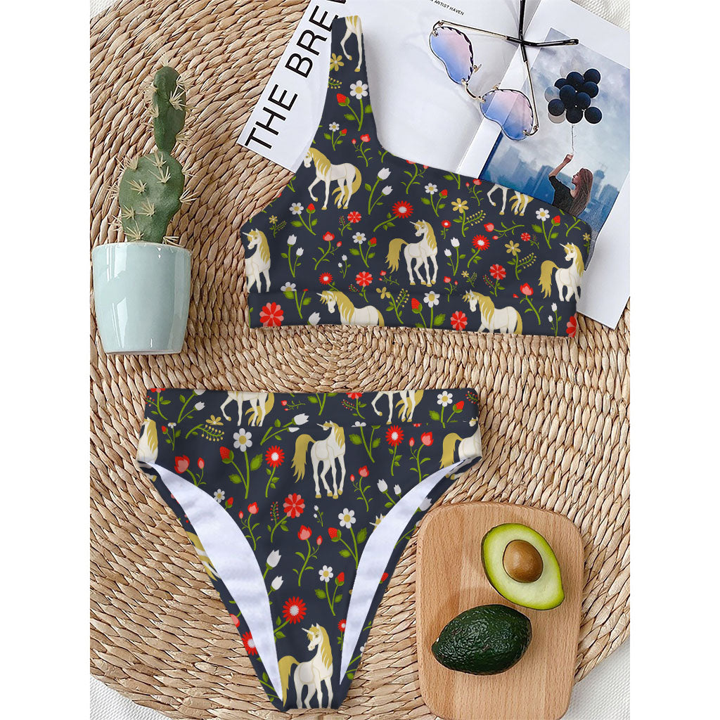 Magic Floral Unicorn Pattern Print One Shoulder Bikini Top