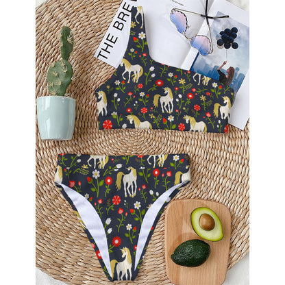 Magic Floral Unicorn Pattern Print One Shoulder Bikini Top