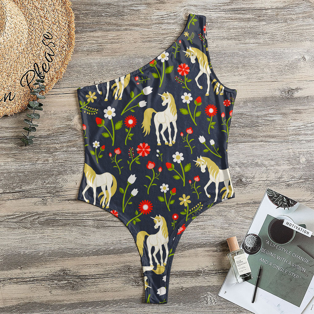 Magic Floral Unicorn Pattern Print One Shoulder Bodysuit