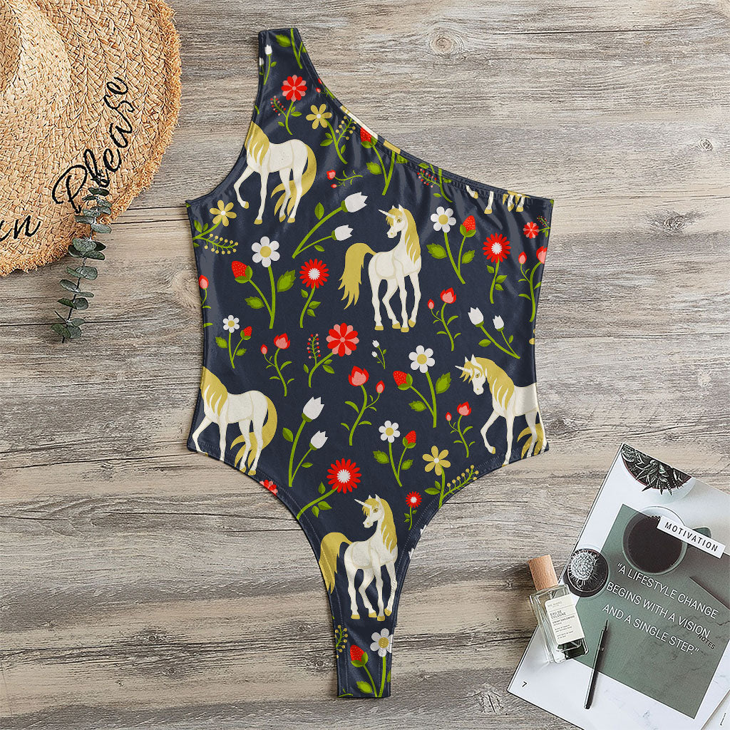 Magic Floral Unicorn Pattern Print One Shoulder Bodysuit