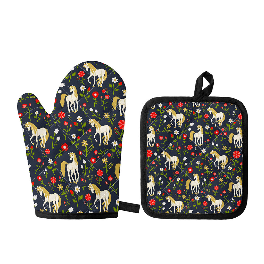 Magic Floral Unicorn Pattern Print Oven Mitt And Pot Holder Set