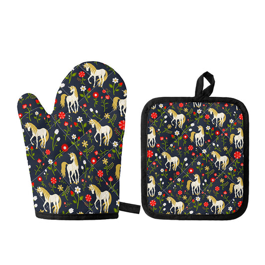 Magic Floral Unicorn Pattern Print Oven Mitt And Pot Holder Set