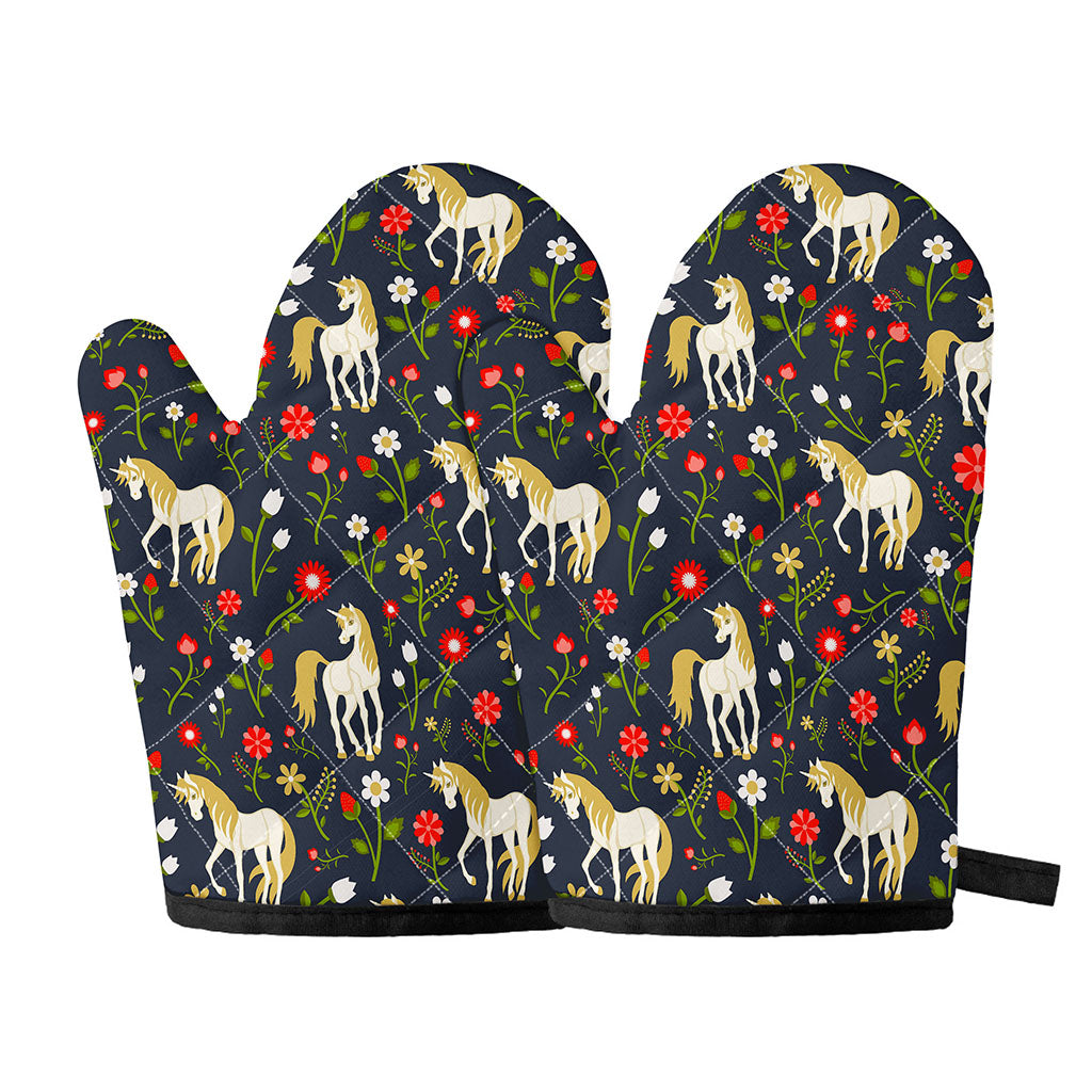 Magic Floral Unicorn Pattern Print Oven Mitts