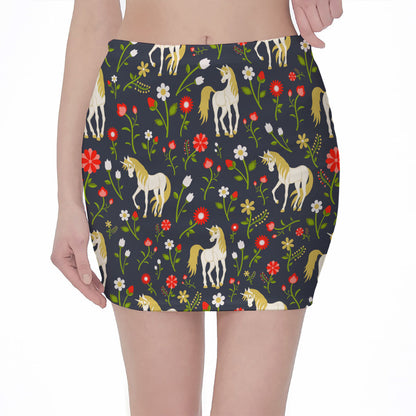 Magic Floral Unicorn Pattern Print Pencil Mini Skirt