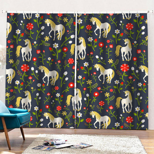 Magic Floral Unicorn Pattern Print Pencil Pleat Curtains