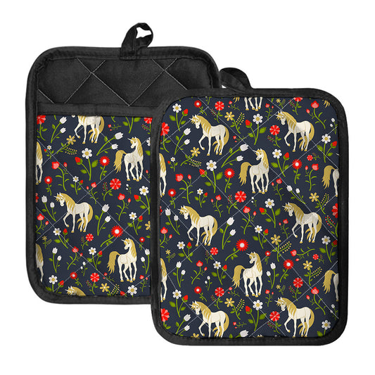 Magic Floral Unicorn Pattern Print Pot Holders With Pocket