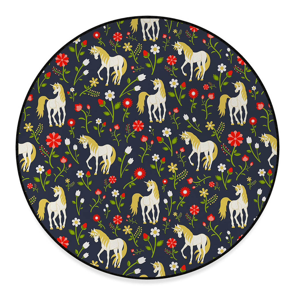 Magic Floral Unicorn Pattern Print Round Floor Mat