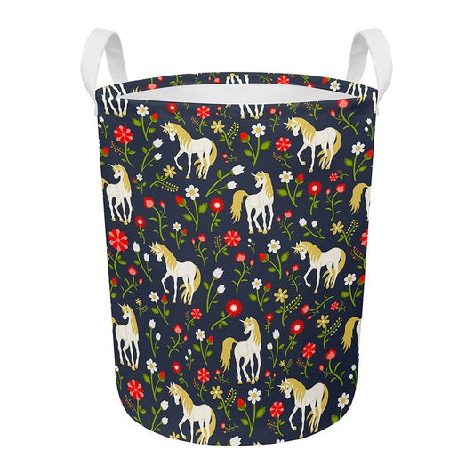 Magic Floral Unicorn Pattern Print Round Laundry Basket