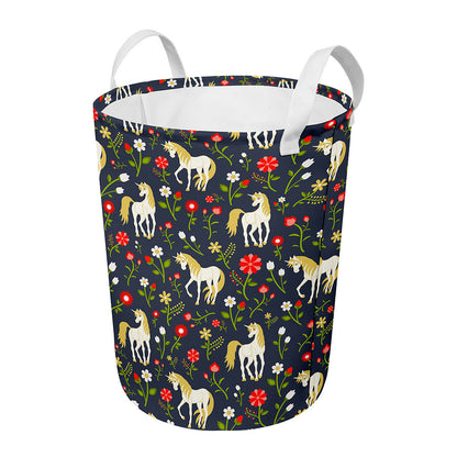 Magic Floral Unicorn Pattern Print Round Laundry Basket
