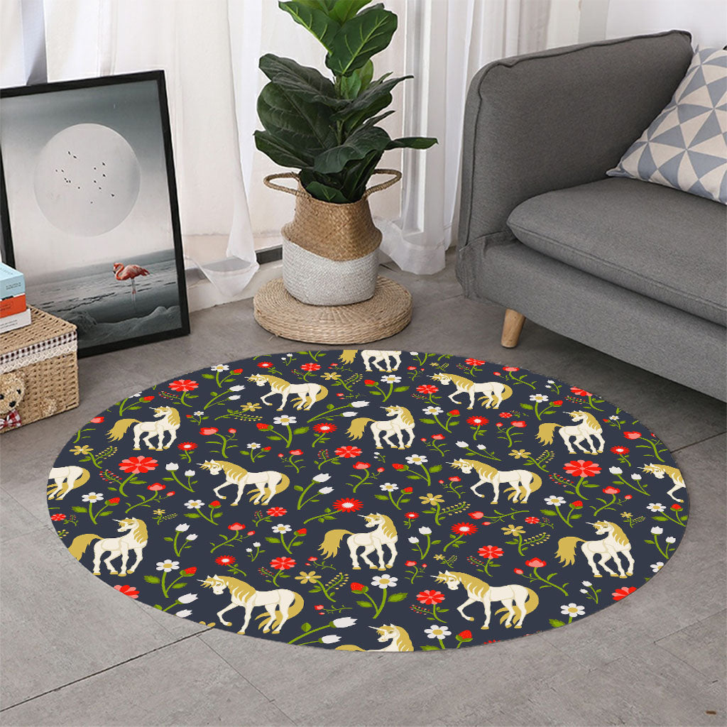 Magic Floral Unicorn Pattern Print Round Rug