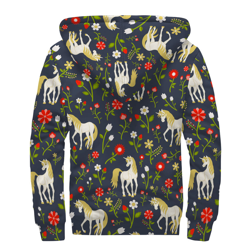 Magic Floral Unicorn Pattern Print Sherpa Lined Zip Up Hoodie