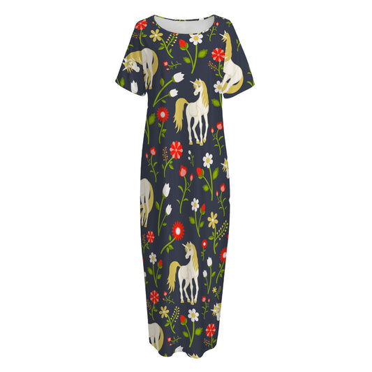 Magic Floral Unicorn Pattern Print Short Sleeve Long Nightdress