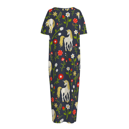 Magic Floral Unicorn Pattern Print Short Sleeve Long Nightdress