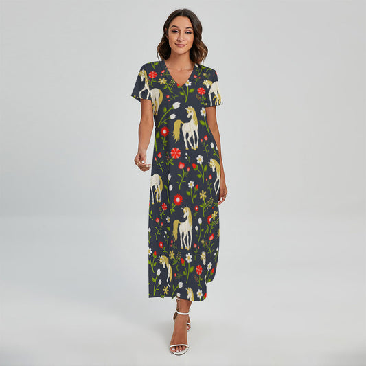 Magic Floral Unicorn Pattern Print Short Sleeve Maxi Dress