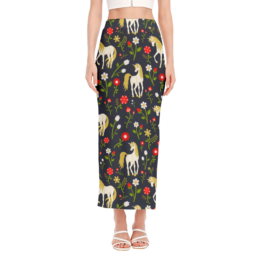 Magic Floral Unicorn Pattern Print Side Slit Maxi Skirt