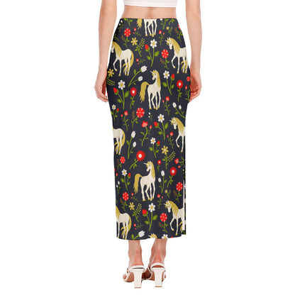 Magic Floral Unicorn Pattern Print Side Slit Maxi Skirt