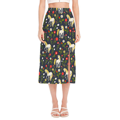 Magic Floral Unicorn Pattern Print Side Slit Midi Skirt