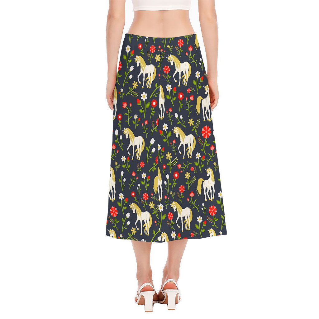Magic Floral Unicorn Pattern Print Side Slit Midi Skirt