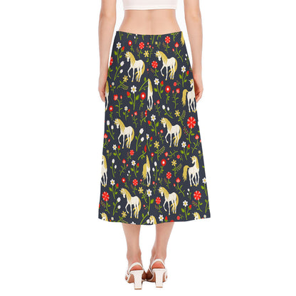 Magic Floral Unicorn Pattern Print Side Slit Midi Skirt