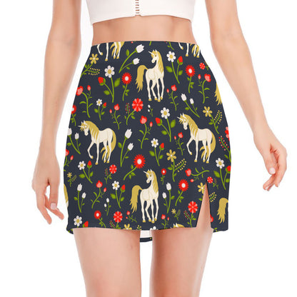 Magic Floral Unicorn Pattern Print Side Slit Mini Skirt