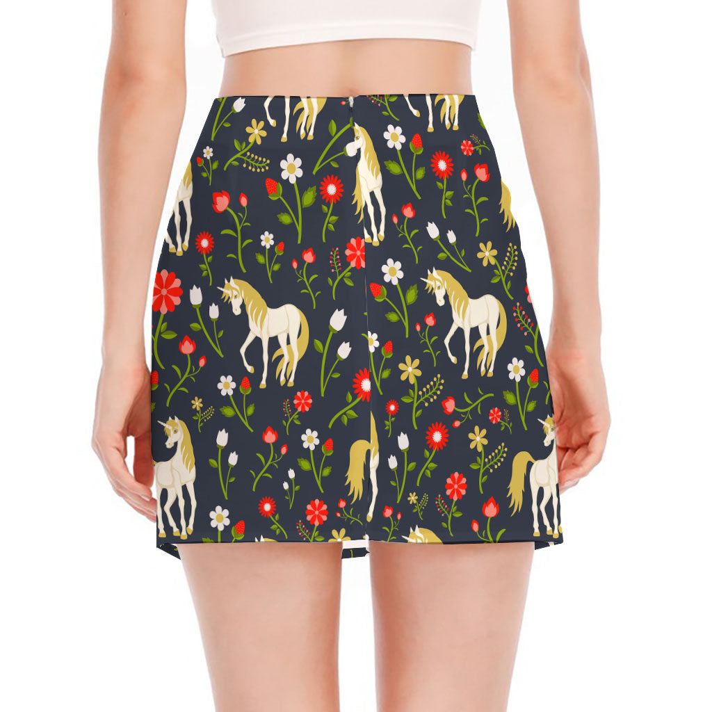 Magic Floral Unicorn Pattern Print Side Slit Mini Skirt