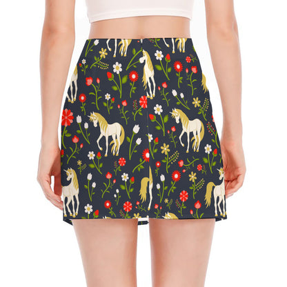 Magic Floral Unicorn Pattern Print Side Slit Mini Skirt