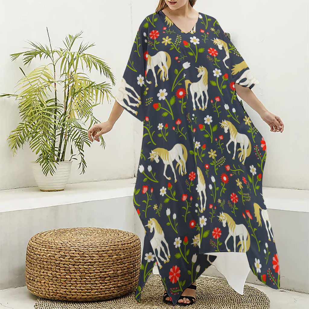 Magic Floral Unicorn Pattern Print Silk V-Neck Kaftan Dress