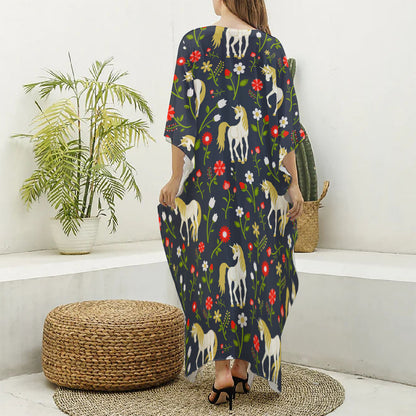 Magic Floral Unicorn Pattern Print Silk V-Neck Kaftan Dress