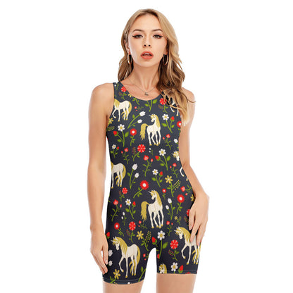Magic Floral Unicorn Pattern Print Sleeveless One Piece Swimsuit