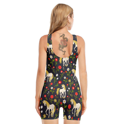 Magic Floral Unicorn Pattern Print Sleeveless One Piece Swimsuit