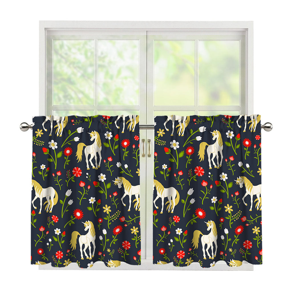 Magic Floral Unicorn Pattern Print Tier Curtains