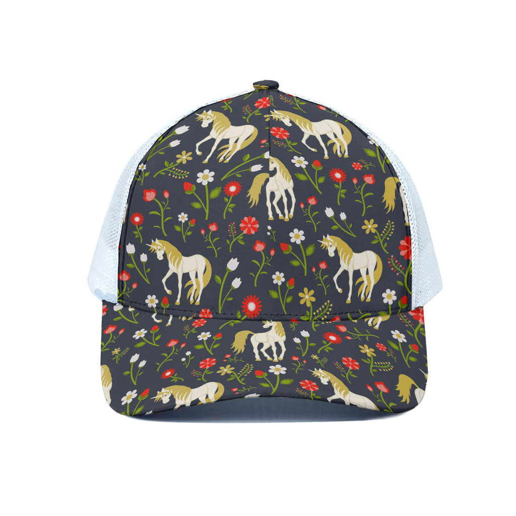 Magic Floral Unicorn Pattern Print White Mesh Trucker Cap