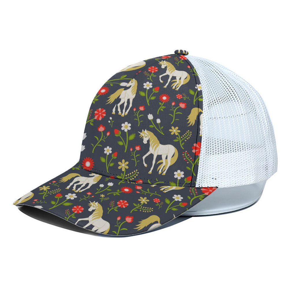 Magic Floral Unicorn Pattern Print White Mesh Trucker Cap