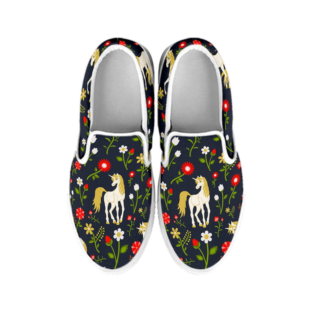 Magic Floral Unicorn Pattern Print White Slip On Sneakers