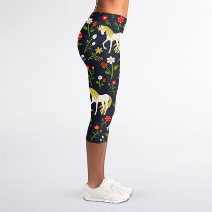 Magic Floral Unicorn Pattern Print Women's Capri Leggings