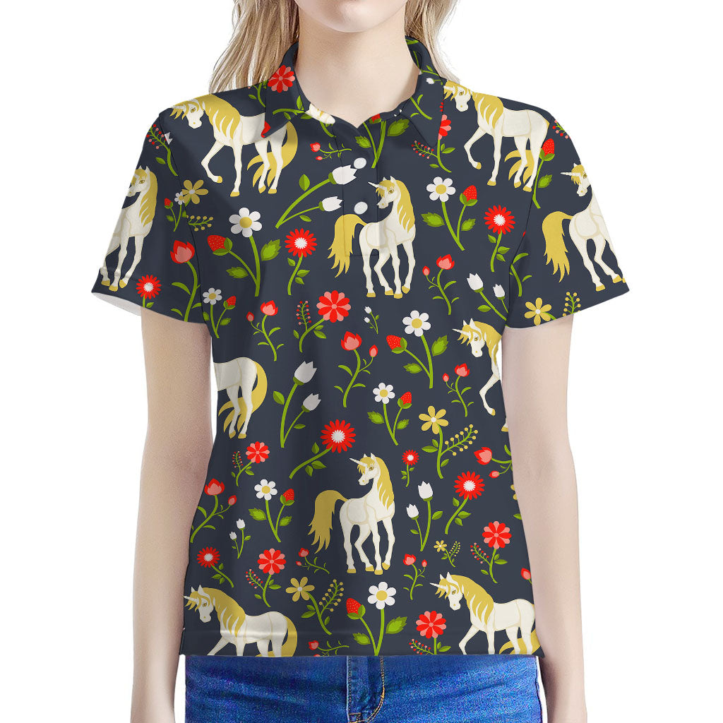 Magic Floral Unicorn Pattern Print Women's Polo Shirt